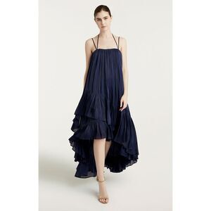 CINQ À SEPT Soliel Ruffle Trapeze Navy Blue High Low Midi Metallic Dress Size 2